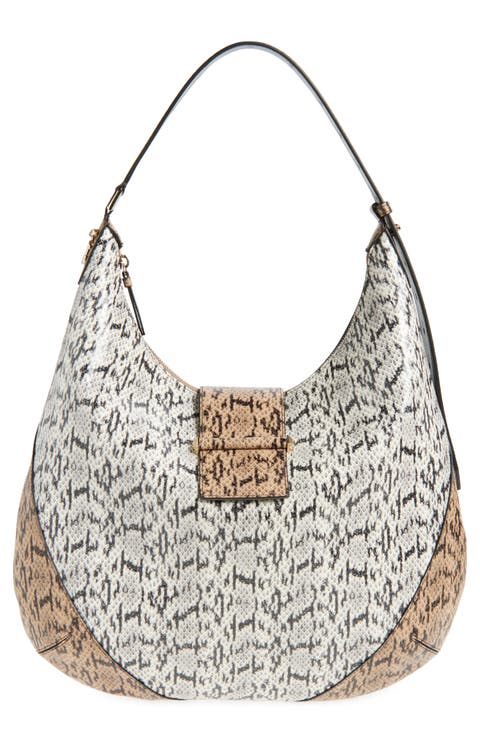 Medium Bar Snakeskin Embossed Leather Hobo Bag