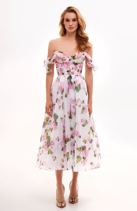 A-Line Satin Floral Midi Dress with Tie Straps for Cocktail Events