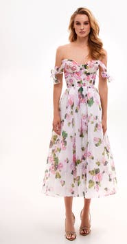 Milla A-Line Satin Floral Midi Dress with Tie Straps for Cocktail Events