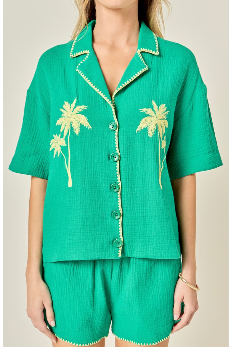Tropical Embroidered Button-Up Shirt, Main, color, GREEN