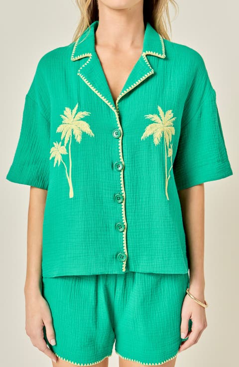 Tropical Embroidered Button-Up Shirt