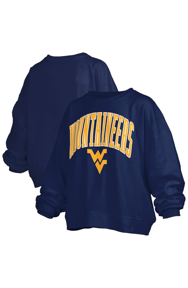 PRESSBOX Women's Pressbox Navy West Virginia Mountaineers Janise Arch Over Logo Waist Length Oversized Pullover Sweatshirt, Alternate, color, Navy