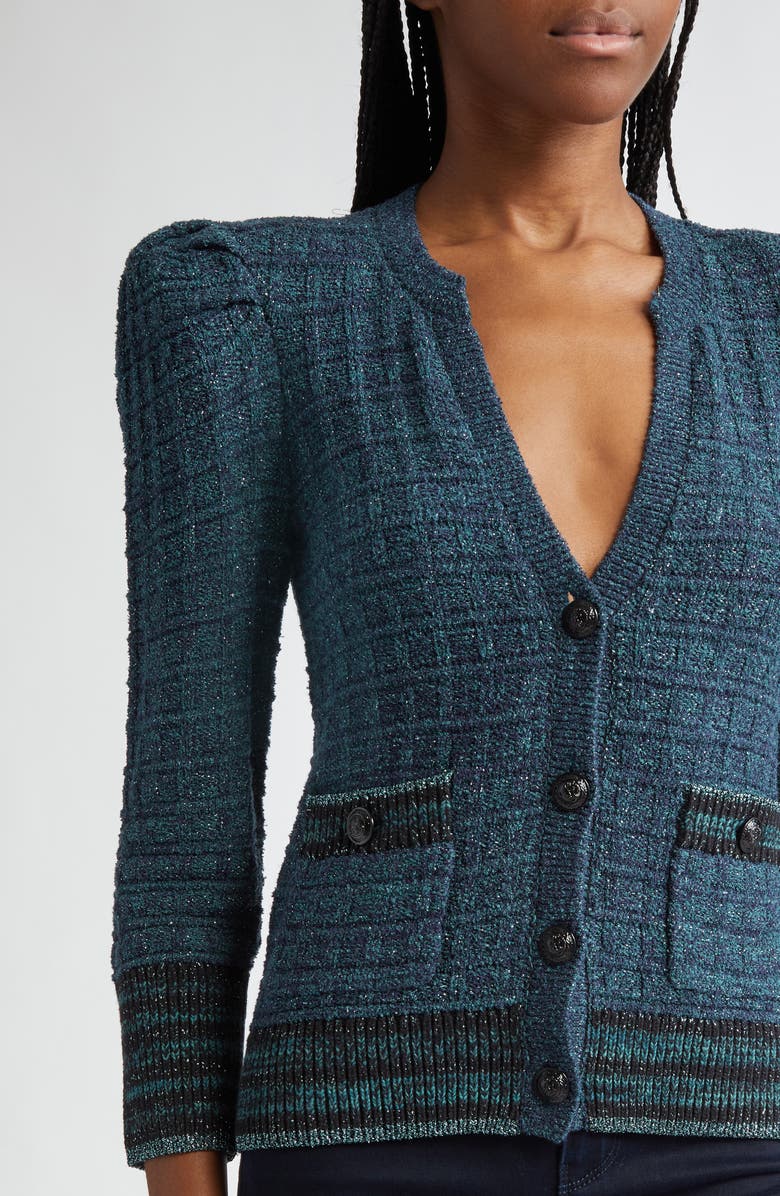 L'AGENCE Jenni Puff Shoulder Waffle Stitch Cardigan, Alternate, color, Deep Teal Multi