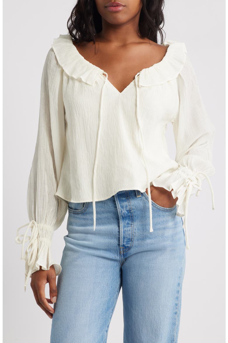 Tied Cuff Split Neck Top, Main, color, IVORY