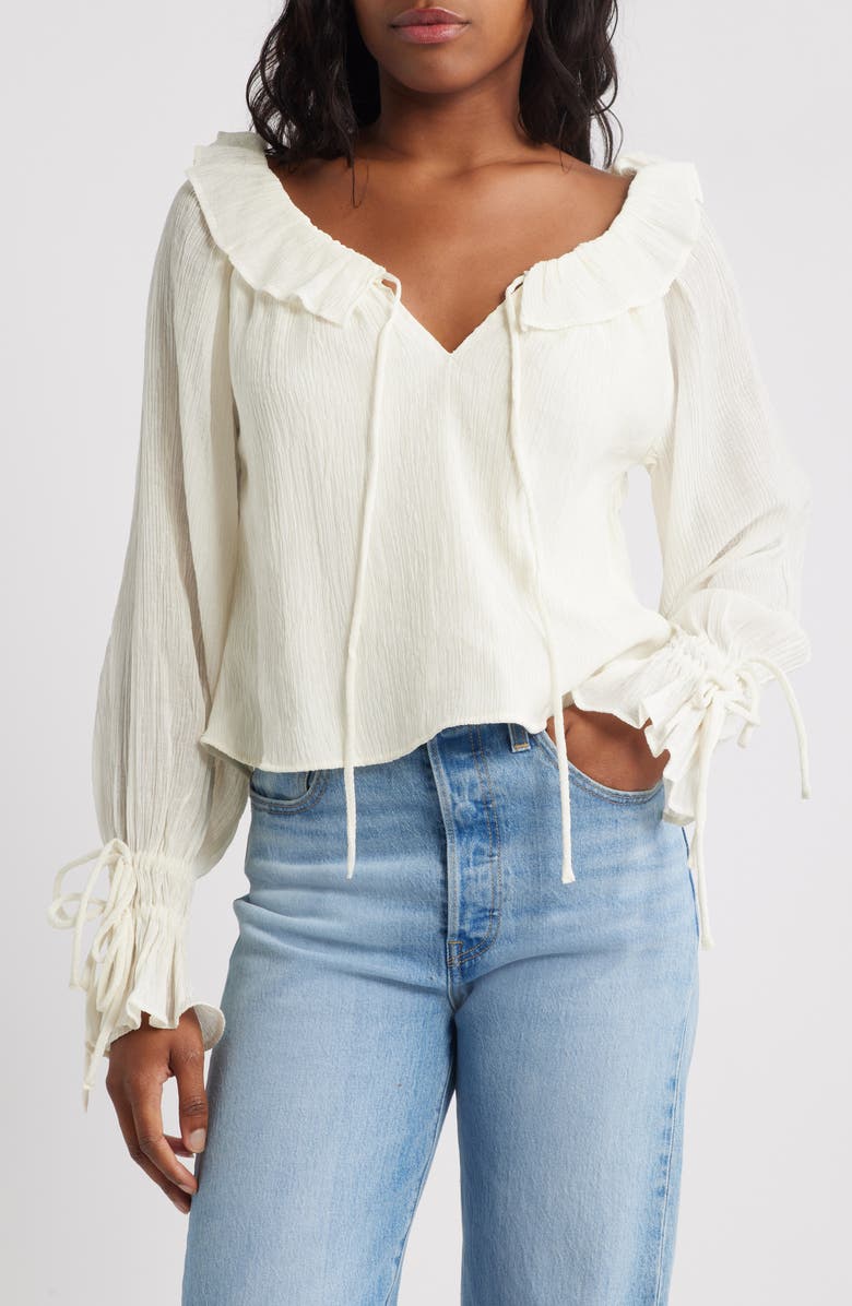 Topshop Tied Cuff Split Neck Top, Main, color, Ivory