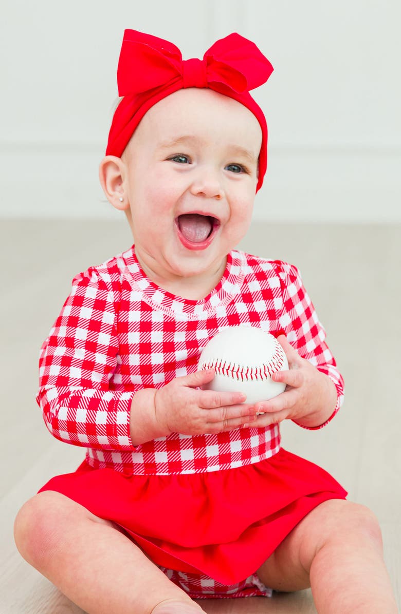 RuffleButts Gingham One-Piece Rashguard Swimsuit & Bow Head Wrap Set, Alternate, color, Red
