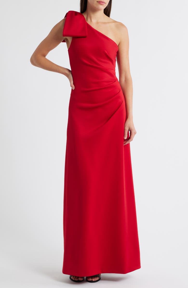 Black Halo Zyra Bow Shoulder Ruched Gown, Main, color, Crimson