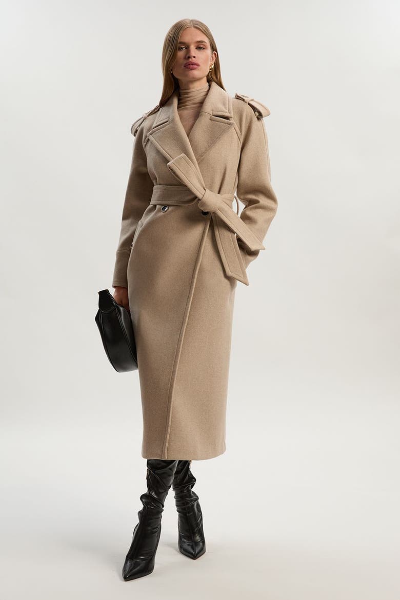 Wool Tailored Belted Midi Coat, Main, color, Oatmeal