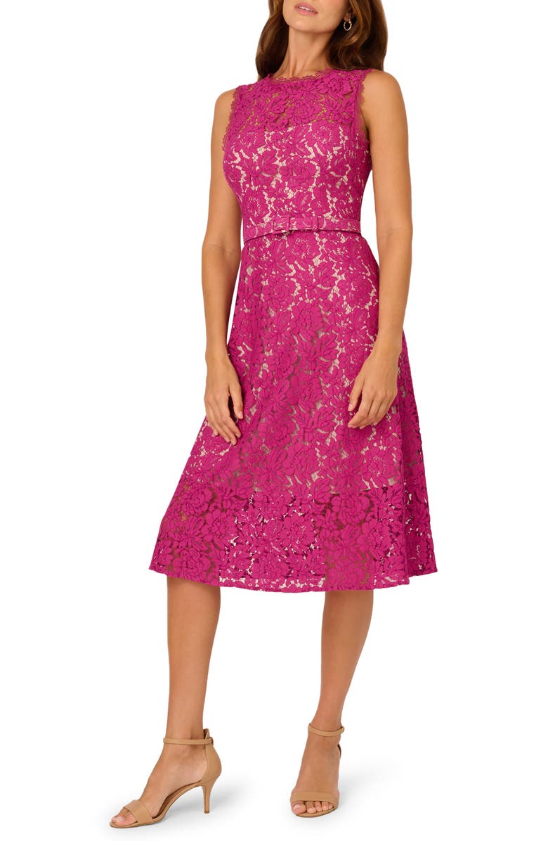 Adrianna Papell Belted Sleeveless Lace Midi Dress, Main, color, Orchid
