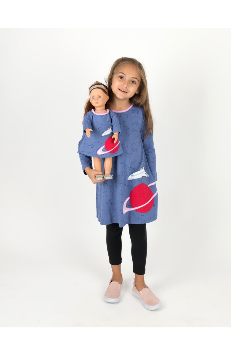 Leveret Girls Cotton Dress with Matching Doll Dress, Printed Design, Main, color, Planet