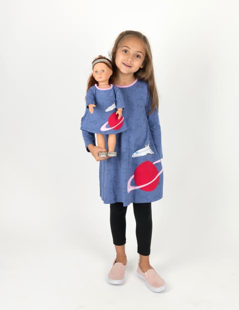 Girls Cotton Dress with Matching Doll Dress, Printed Design