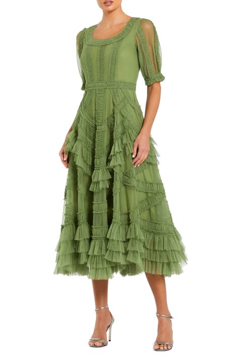 Petite Short Sleeve Mesh Mirco Ruffle Midi Dress