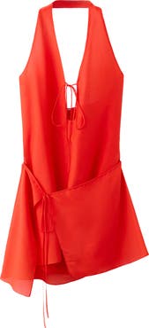 MANGO Silk Overlay Halter Minidress
