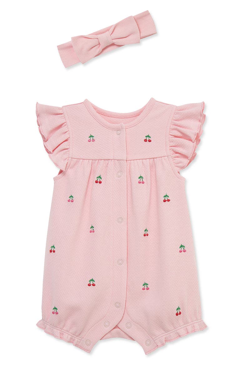 Ruffled Romper with Embroidered Details & Matching Headband Set, Main, color, PINK