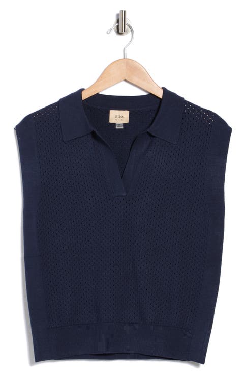 Pointelle Sleeveless Polo Sweater