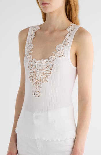 Guipure Trim Rib Fitted Cotton Jersey Tank