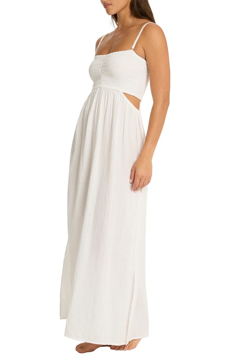 Smocked Bodice Cotton Seersucker Cover-Up Dress, Alternate, color, WHITE