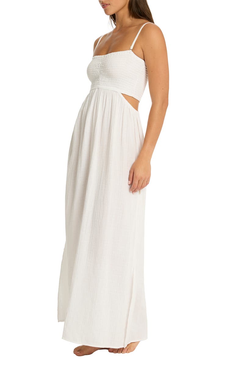 Sea Level Smocked Bodice Cotton Seersucker Cover-Up Dress, Alternate, color, White