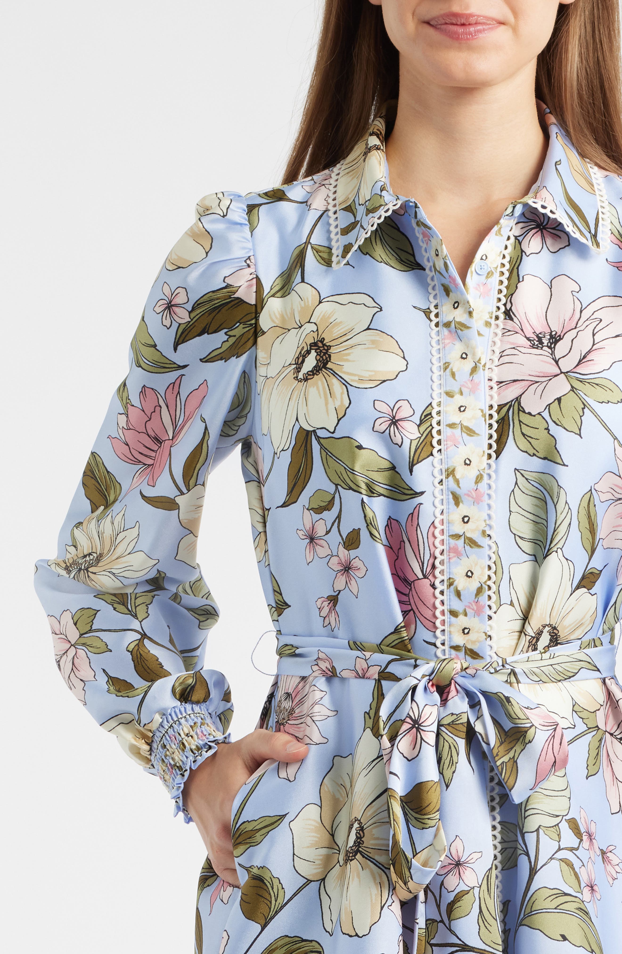floral satin shirt dress 3/4 Sleeve Flocked Floral Satin Shirt Dress Gown with Sash in Soft Navy / Black (Floral)