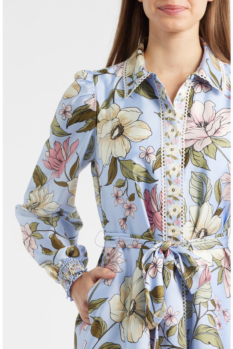 Floral Print Long Sleeve Satin Shirtdress, Alternate, color, SURF BLUE MULTI
