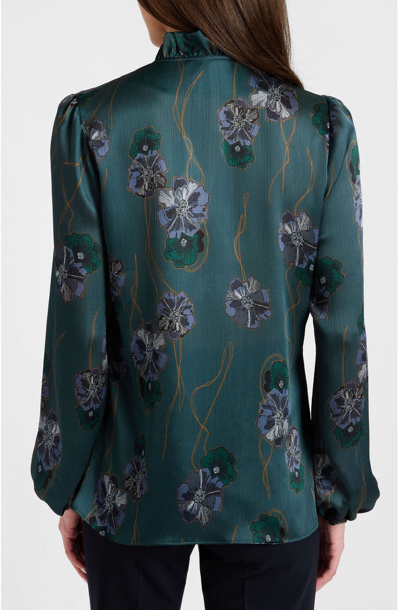 Santorelli Astrid Long Sleeve Ruffle-Neck Printed Top, Alternate, color, Steel Teal
