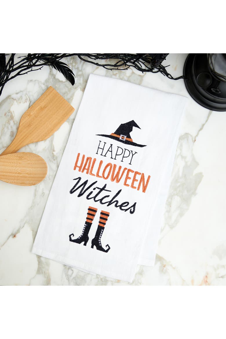 Happy Halloween Witches Cotton Embroidered Flour Sack Kitchen Dishtowel, Alternate, color, White