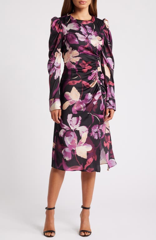 Julia Jordan Floral Puff Shoulder Long Sleeve Cocktail Midi Dress in Purple Multi 