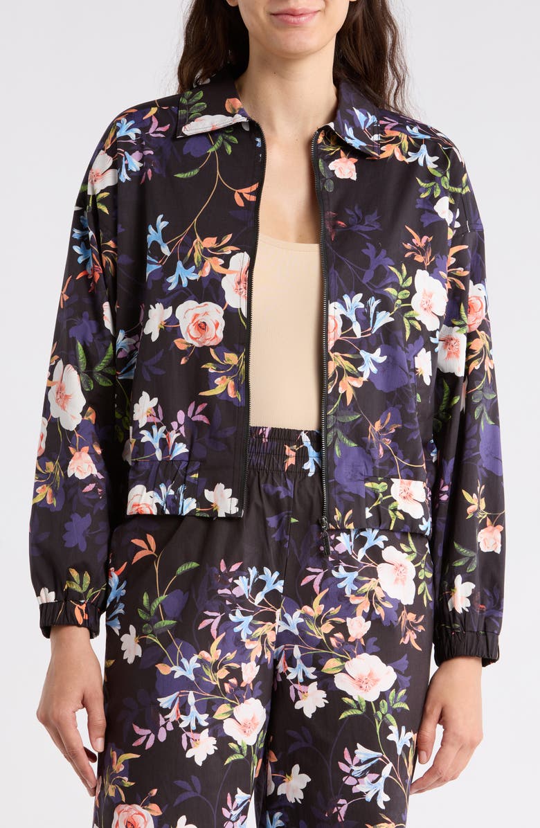 Nicole Miller Adley Floral Stretch Cotton Poplin Jacket, Main, color, Spring Black Print