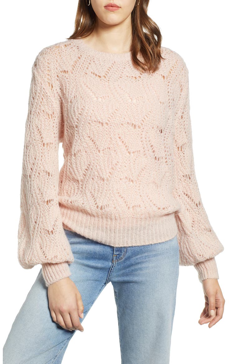 Pointelle Balloon Sleeve Sweater, Main, color, PINK SMOKE