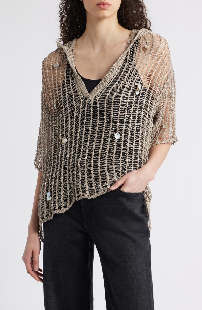 NIKKI LUND Aaliyah Sequin Open Stitch Hooded Sweater, Main, color, Gray