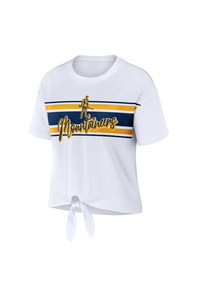 Women's WEAR by Erin Andrews White West Virginia Mountaineers Striped Front Knot Cropped T-Shirt, Alternate, color, White