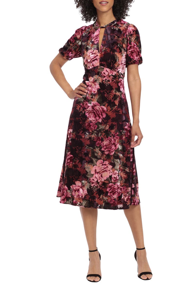 Floral Print Puff Sleeve Velvet Midi Dress, Main, color, RAISIN/ WINE/ OLIVE