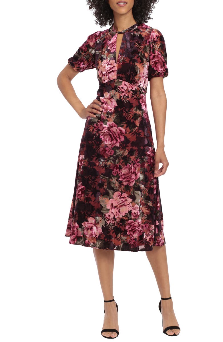 Maggy London Floral Print Puff Sleeve Velvet Midi Dress, Main, color,