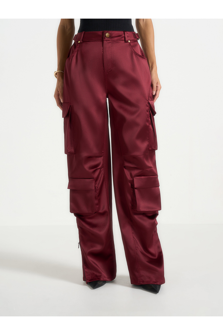 Emilie High Rise Satin Cargo Trousers, Alternate, color, Wine Red
