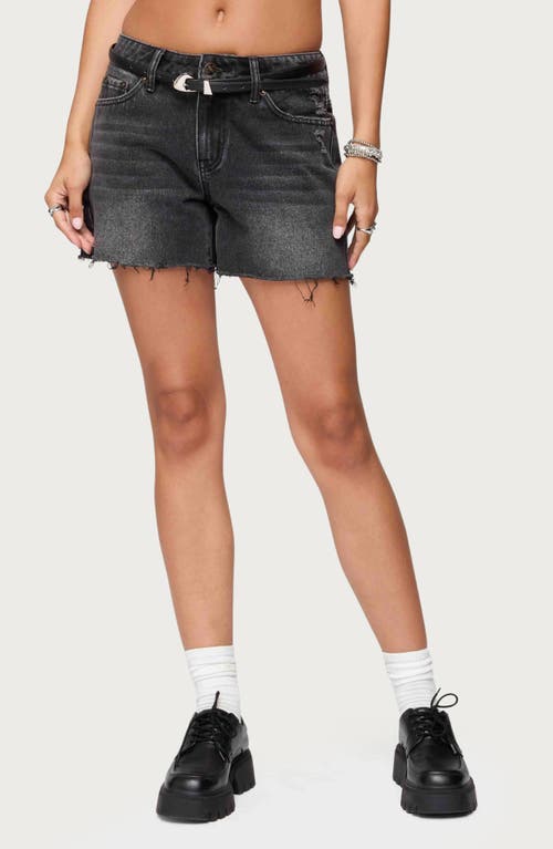 Edikted Scottie Raw Hem Low Rise Denim Shorts In Black