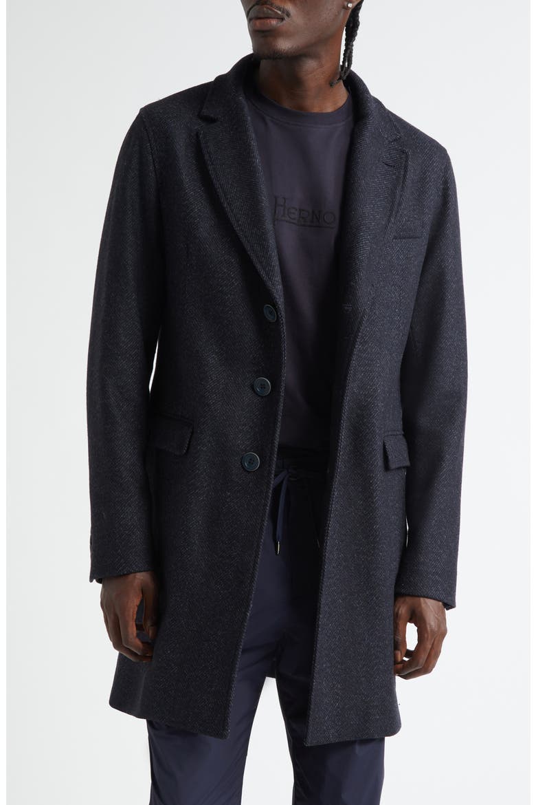 Wool Blend Herringbone Topcoat with Removable Insulated Bib, Alternate, color, BLUE NAVY