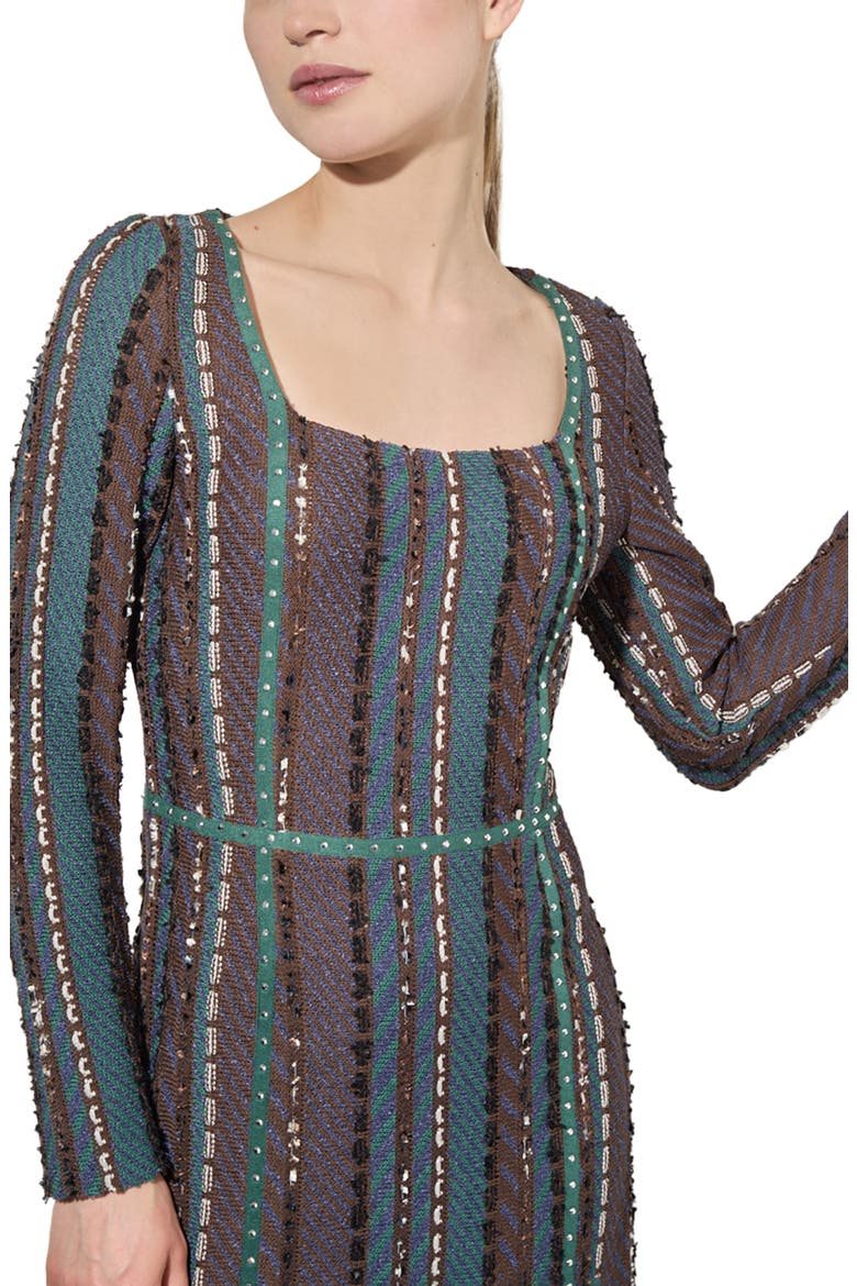Multistitch Fringe Trim Long Sleeve Knit A-Line Dress, Alternate, color, FOREST MULTI