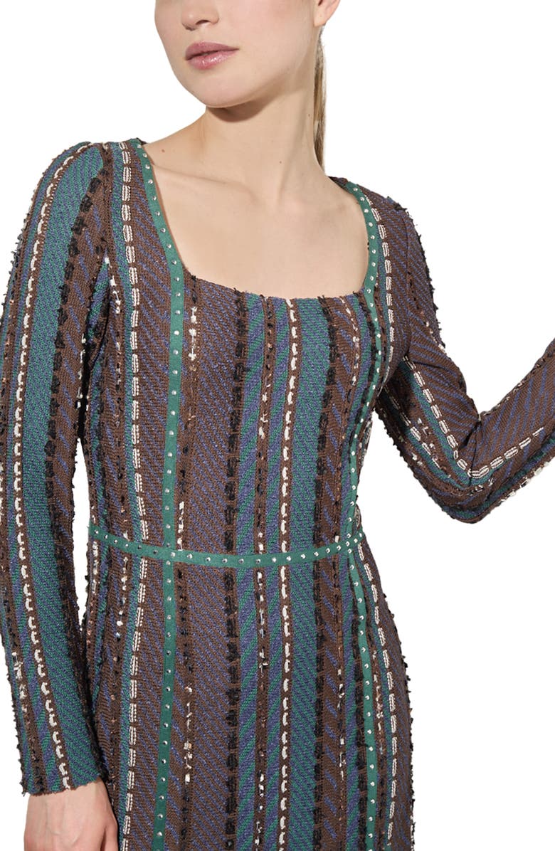 Ming Wang Multistitch Fringe Trim Long Sleeve Knit A-Line Dress, Alternate, color,