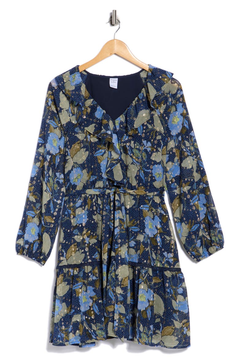 Ruffle Detail Minidress, Alternate, color, NAVY- OLIVE JACOBEAN BLOOM