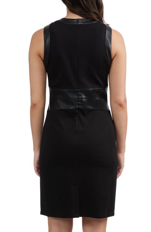 Ellen Tracy Faux Leather Trim Sleeveless Sheath Dress In Black