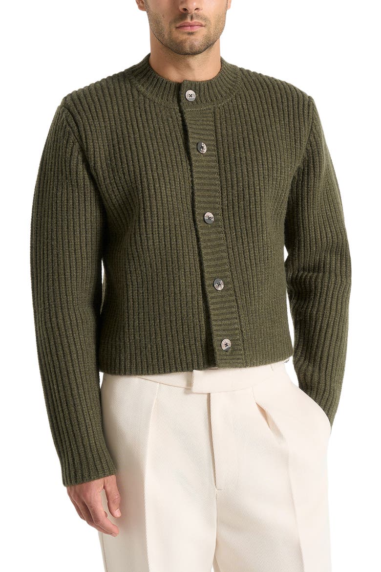 Alix Unisex Crewneck Ribbed Knit Cardigan, Alternate, color, Deep Olive