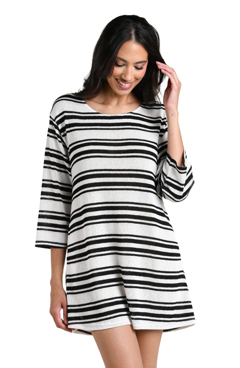 La Blanca Boardwalk Stripe Swim Cover-Up Tunic, Alternate, color, Black And Ivory