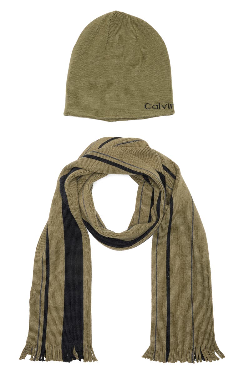 Calvin Klein Logo Beanie & Scarf Set, Main, color, Pine
