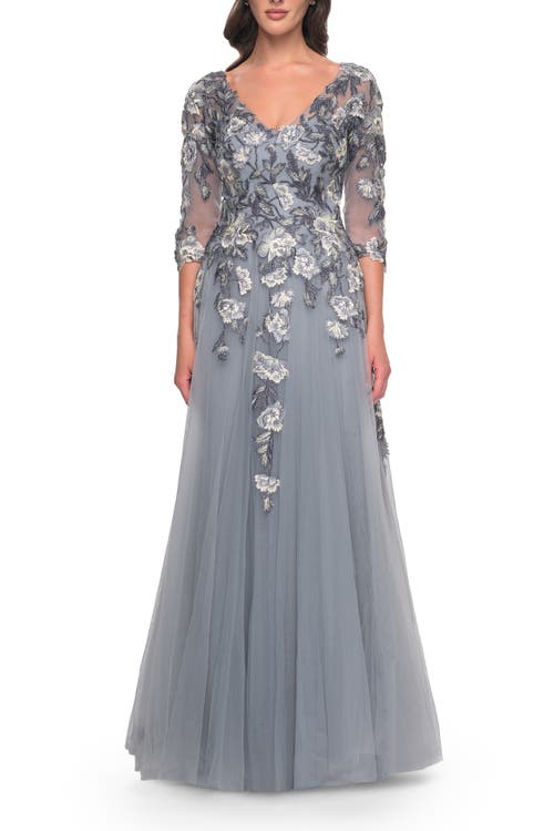 La Femme Tulle A-line Gown With Beautiful Lace Applique And Sheer Sleeves In Slate Blue