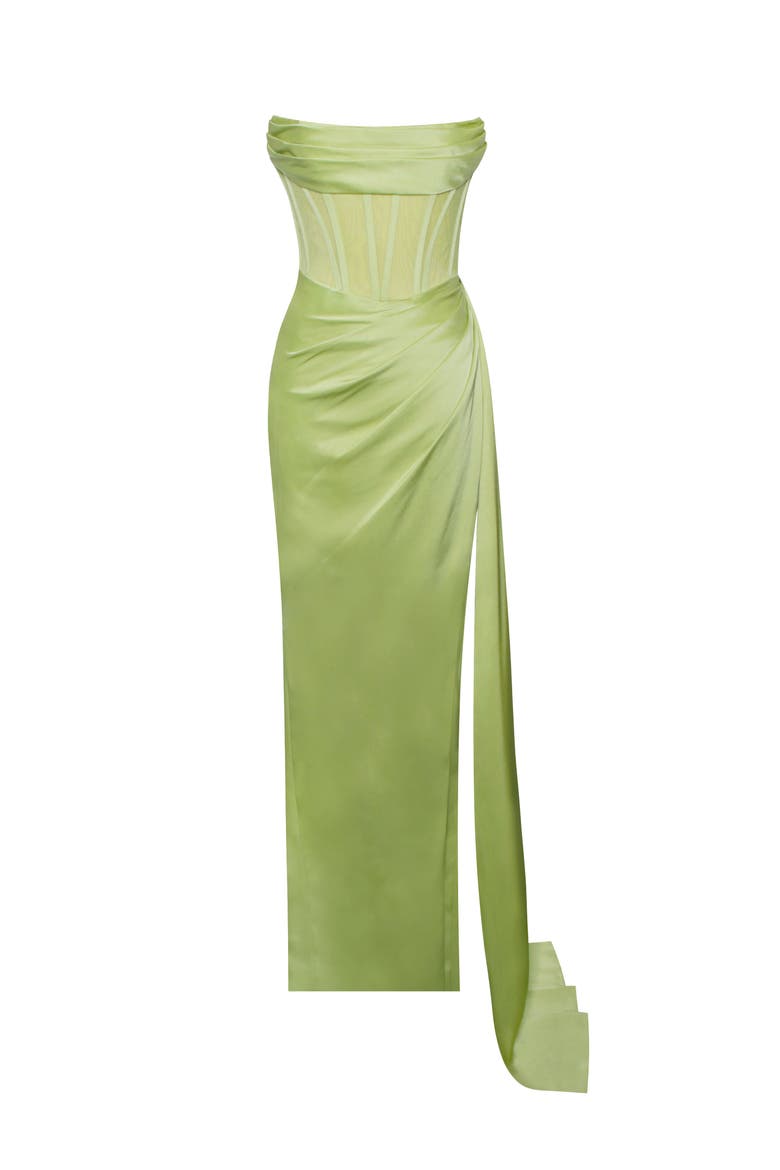 Prisa High Slit Drapping Corset Satin Gown, Alternate, color, Lime