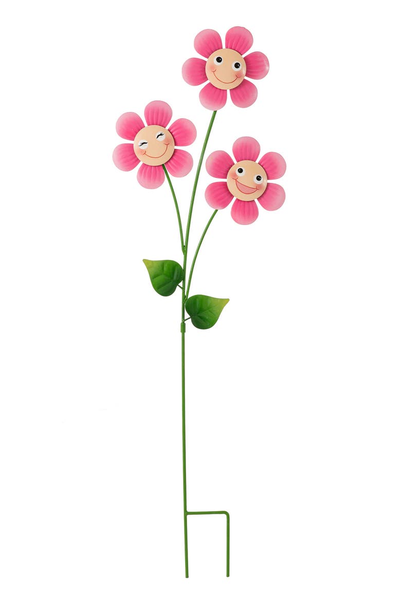 36"H Garden Metal Triple Happy Face Flower Yardstake or Wall Decor, Main, color, Pink