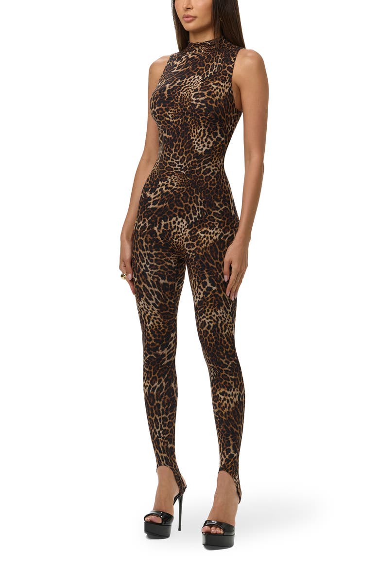 Mock Neck Sleeveless Stirrup Jumpsuit, Alternate, color, SPOTTED LEOPARD
