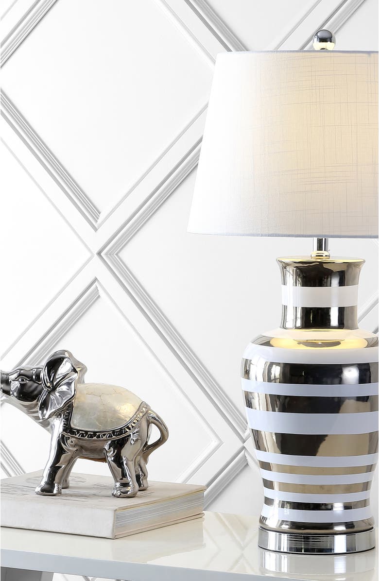JONATHAN Y Zilar Striped 28.75" Ceramic/Iron Classic Modern LED Table Lamp, Silver, Alternate, color, Silver/White