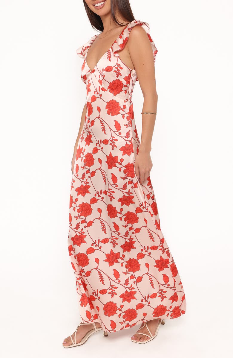 Petal & Pup Enala Floral Ruffle Sleeve Satin Maxi Dress, Alternate, color, Red Floral
