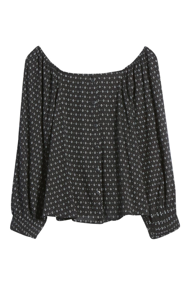 Print Button Front Long Sleeve Top, Alternate, color, BLACK- WHITE MARTY GEO